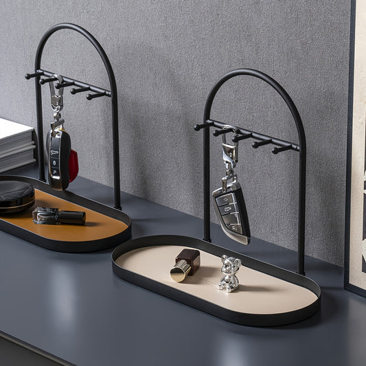 Modern Metal Key Holder & Organizer - Oval Entryway Tray with Multiple Hooks for Keys, Watches, Jewelry.