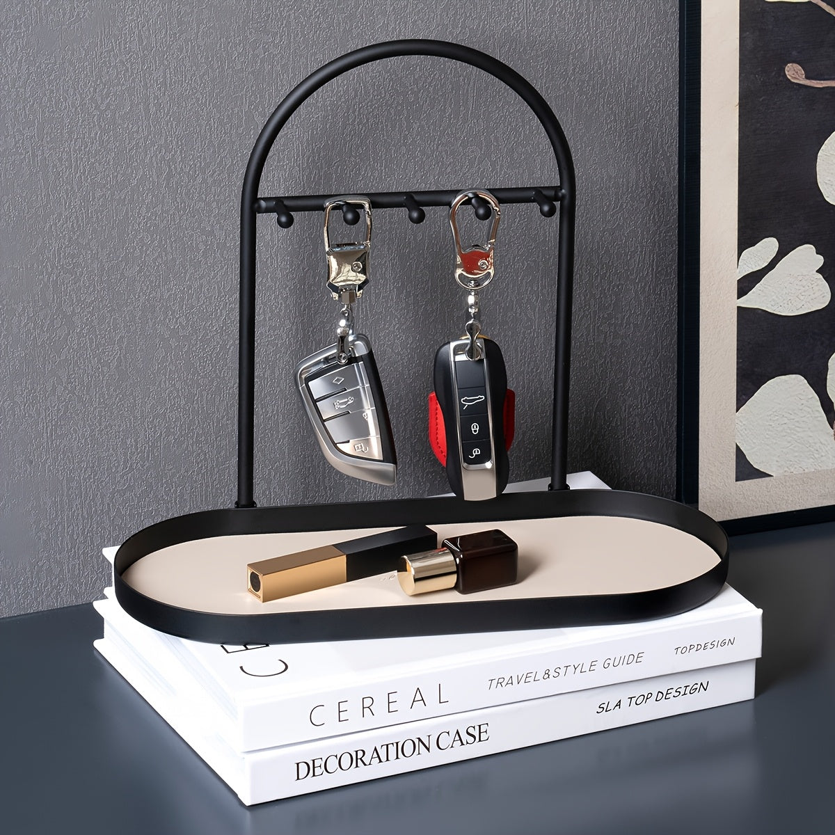 Modern Metal Key Holder & Organizer - Oval Entryway Tray with Multiple Hooks for Keys, Watches, Jewelry.