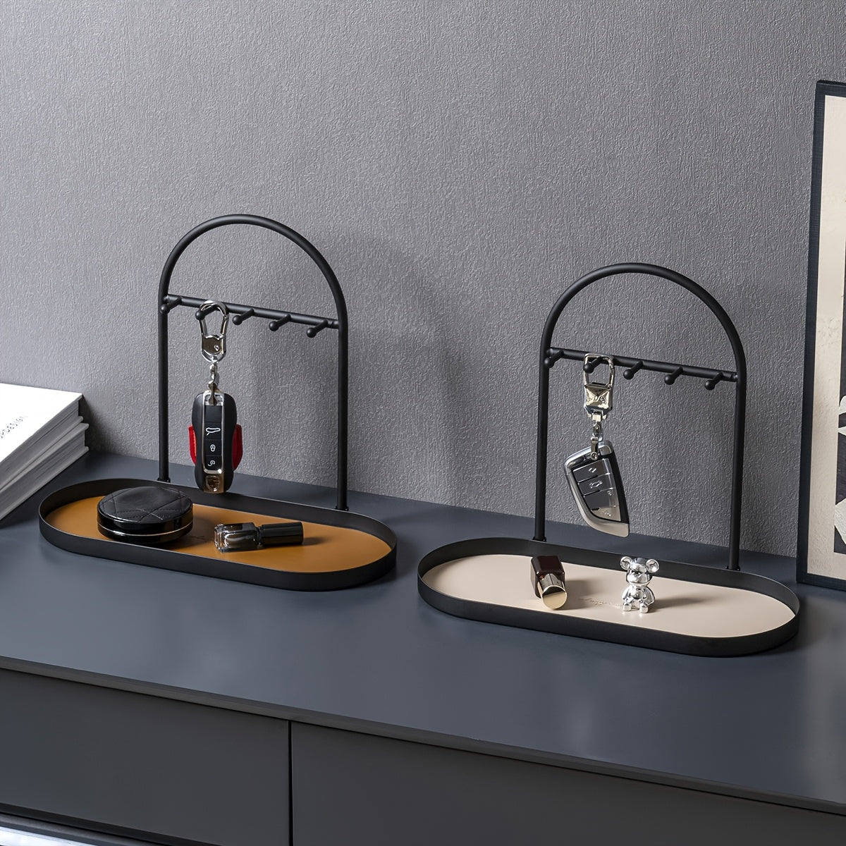 Modern Metal Key Holder & Organizer - Oval Entryway Tray with Multiple Hooks for Keys, Watches, Jewelry.
