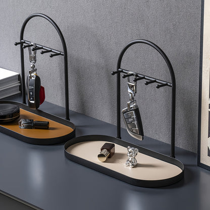 Modern Metal Key Holder & Organizer - Oval Entryway Tray with Multiple Hooks for Keys, Watches, Jewelry.
