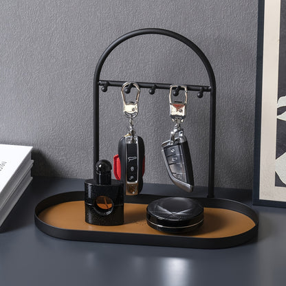 Modern Metal Key Holder & Organizer - Oval Entryway Tray with Multiple Hooks for Keys, Watches, Jewelry.