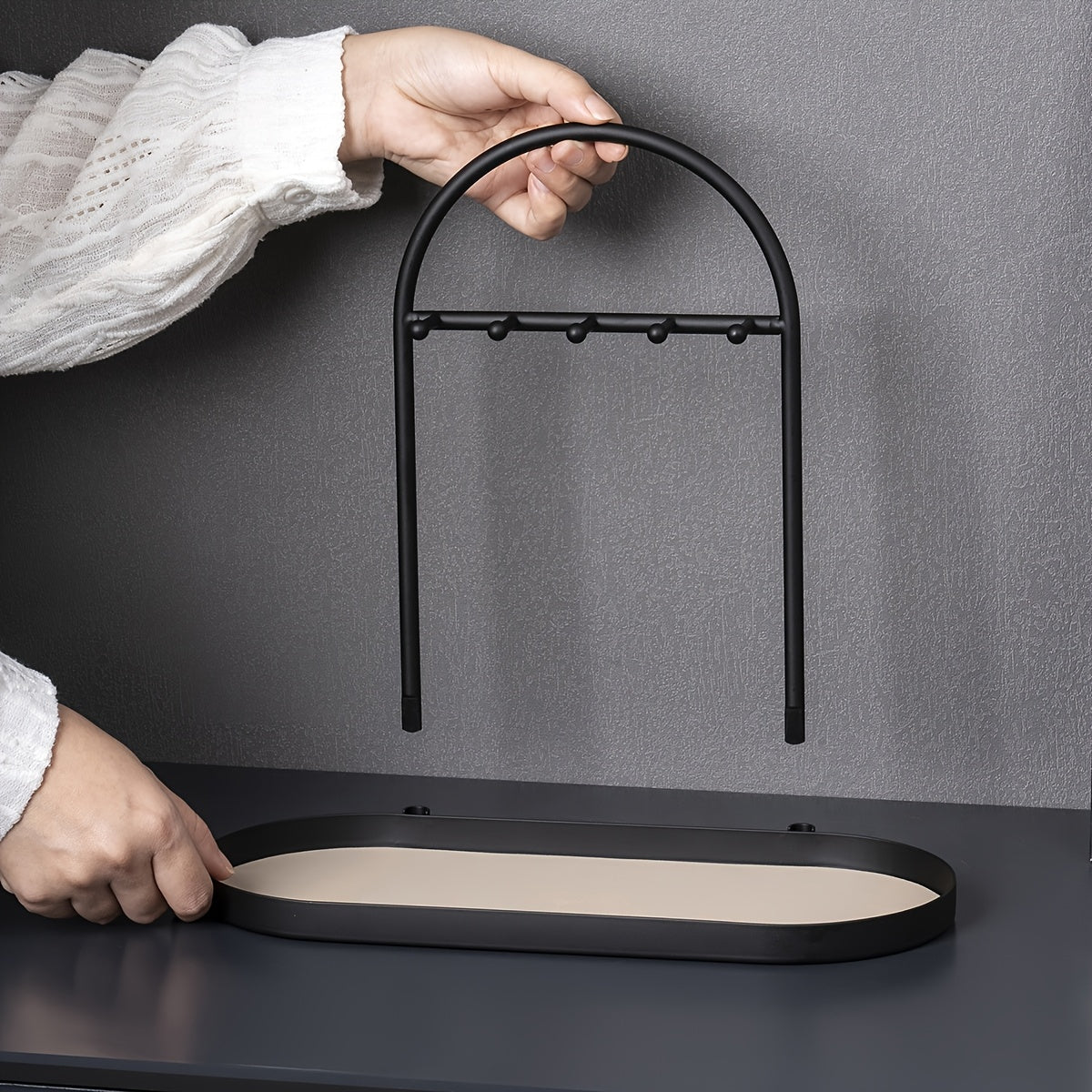 Modern Metal Key Holder & Organizer - Oval Entryway Tray with Multiple Hooks for Keys, Watches, Jewelry.