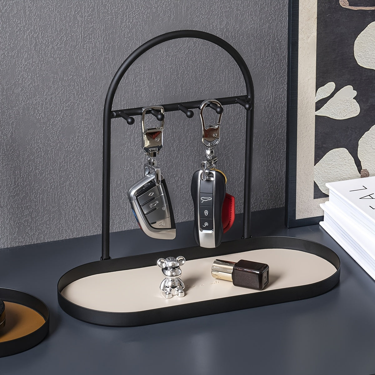Modern Metal Key Holder & Organizer - Oval Entryway Tray with Multiple Hooks for Keys, Watches, Jewelry.