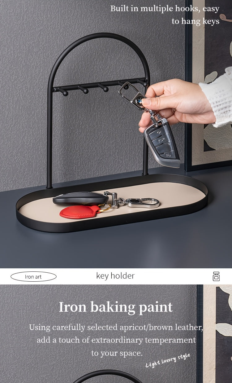 Modern Metal Key Holder & Organizer - Oval Entryway Tray with Multiple Hooks for Keys, Watches, Jewelry.