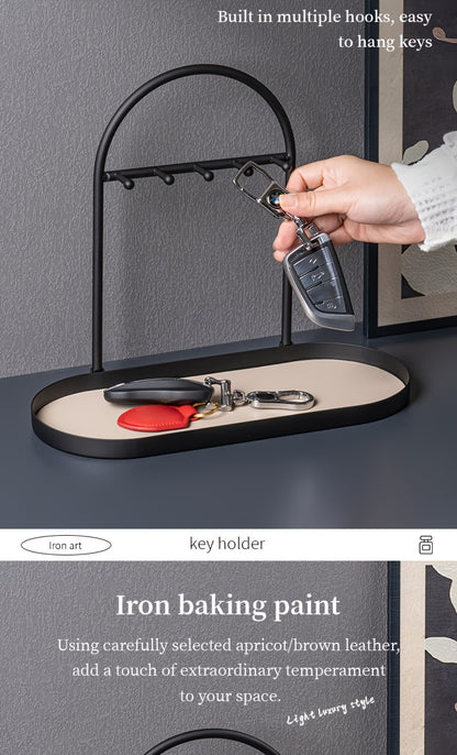 Modern Metal Key Holder & Organizer - Oval Entryway Tray with Multiple Hooks for Keys, Watches, Jewelry.