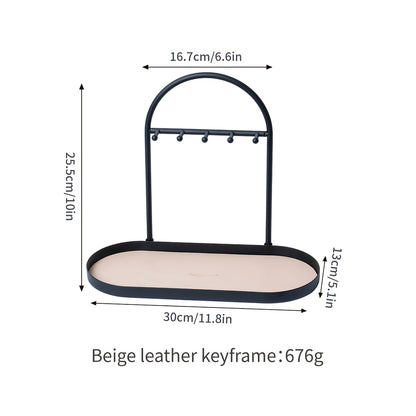 Modern Metal Key Holder & Organizer - Oval Entryway Tray with Multiple Hooks for Keys, Watches, Jewelry.