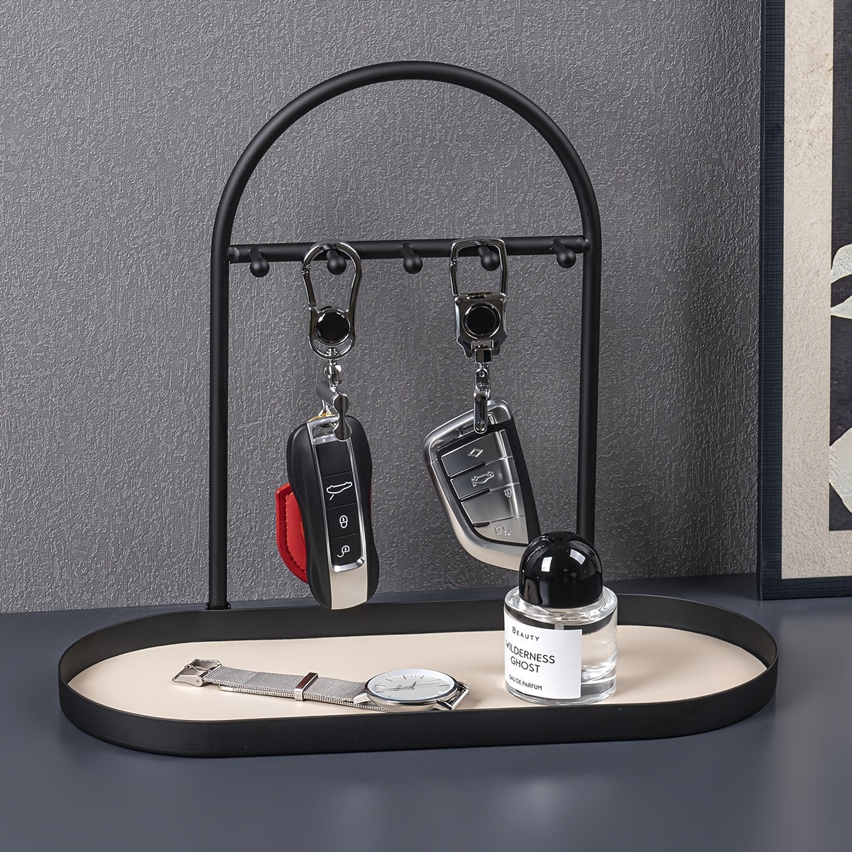 Modern Metal Key Holder & Organizer - Oval Entryway Tray with Multiple Hooks for Keys, Watches, Jewelry.
