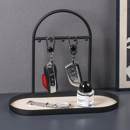 Modern Metal Key Holder & Organizer - Oval Entryway Tray with Multiple Hooks for Keys, Watches, Jewelry.