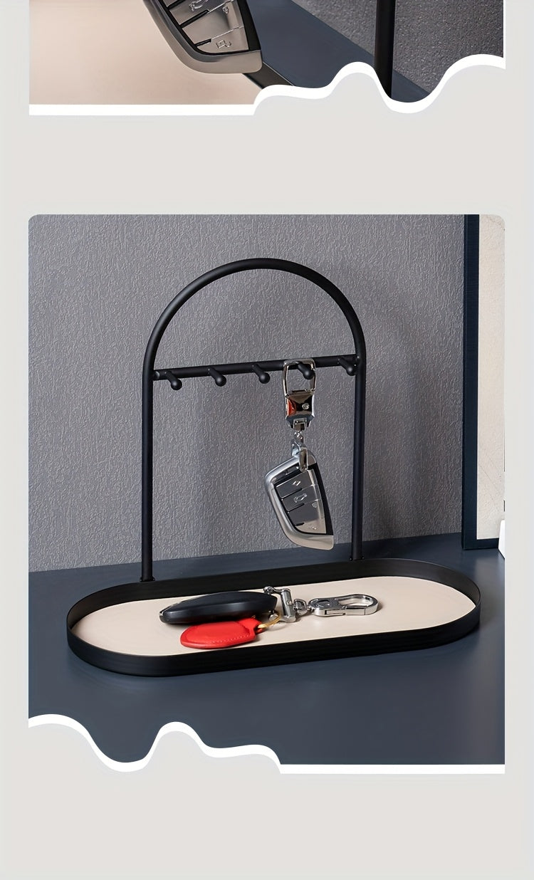 Modern Metal Key Holder & Organizer - Oval Entryway Tray with Multiple Hooks for Keys, Watches, Jewelry.
