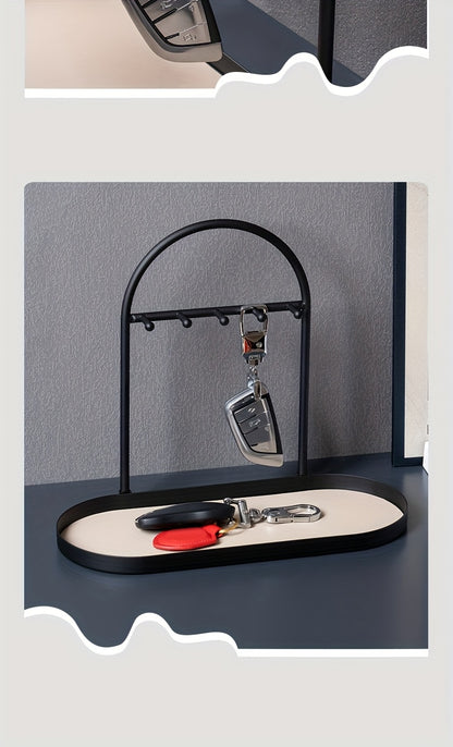 Modern Metal Key Holder & Organizer - Oval Entryway Tray with Multiple Hooks for Keys, Watches, Jewelry.
