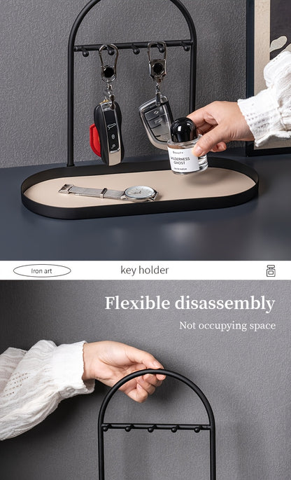 Modern Metal Key Holder & Organizer - Oval Entryway Tray with Multiple Hooks for Keys, Watches, Jewelry.