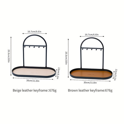 Modern Metal Key Holder & Organizer - Oval Entryway Tray with Multiple Hooks for Keys, Watches, Jewelry.