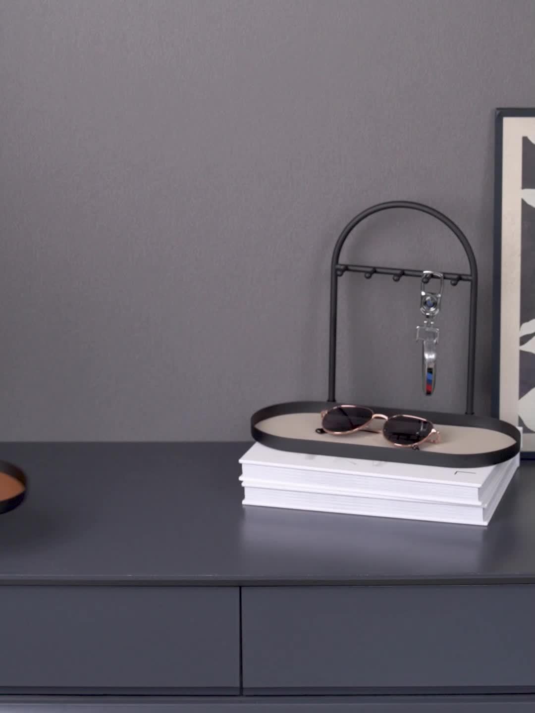 Modern Metal Key Holder & Organizer - Oval Entryway Tray with Multiple Hooks for Keys, Watches, Jewelry.