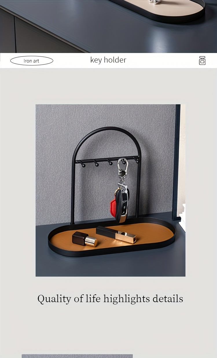 Modern Metal Key Holder & Organizer - Oval Entryway Tray with Multiple Hooks for Keys, Watches, Jewelry.