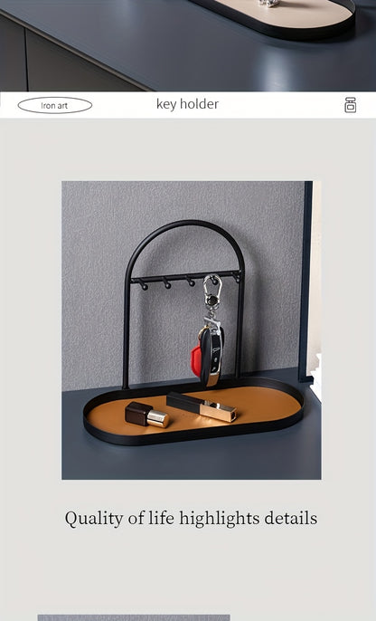 Modern Metal Key Holder & Organizer - Oval Entryway Tray with Multiple Hooks for Keys, Watches, Jewelry.