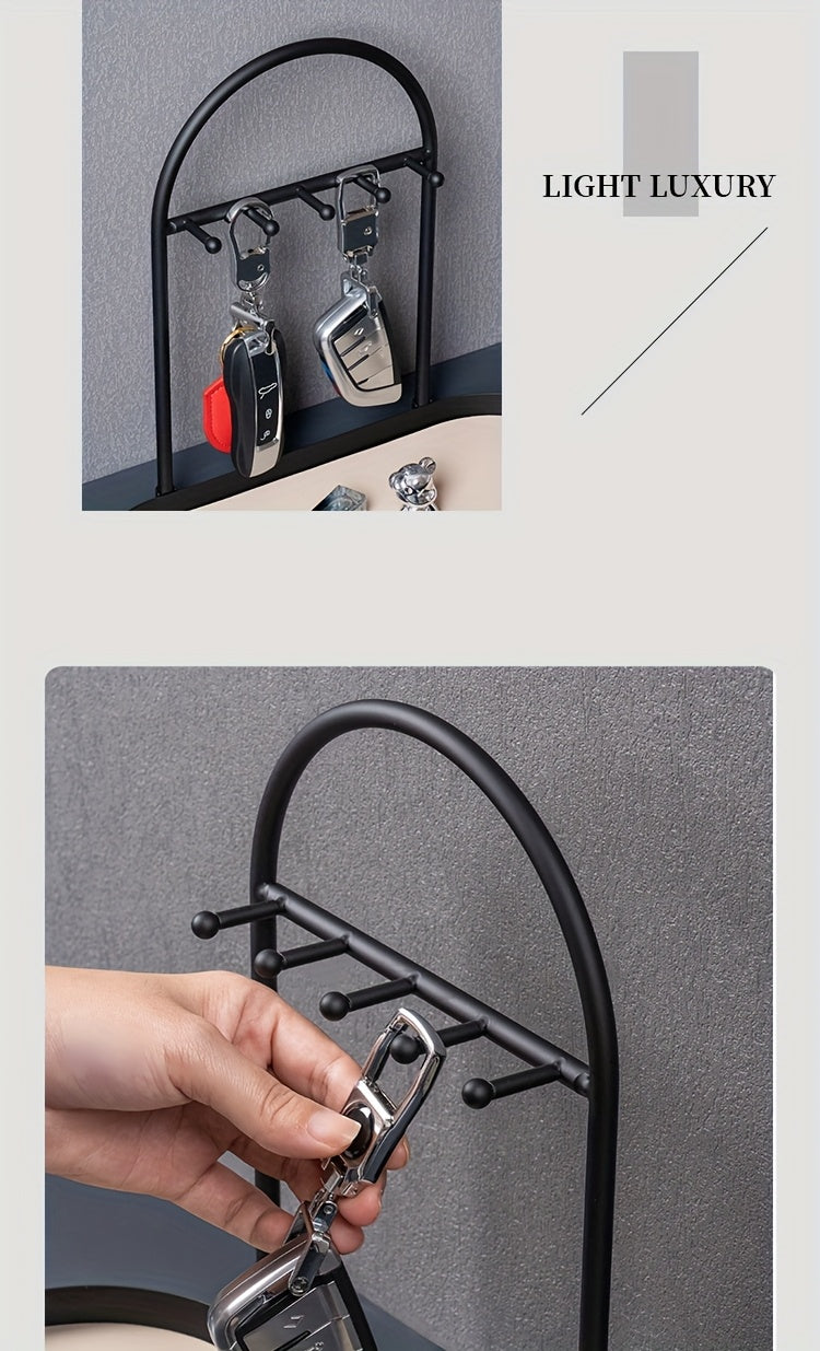 Modern Metal Key Holder & Organizer - Oval Entryway Tray with Multiple Hooks for Keys, Watches, Jewelry.