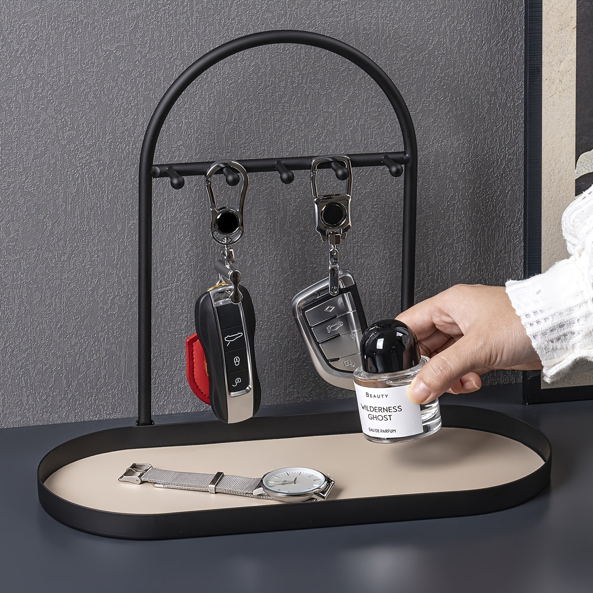 Modern Metal Key Holder & Organizer - Oval Entryway Tray with Multiple Hooks for Keys, Watches, Jewelry.