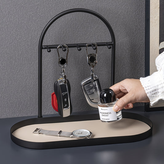 Modern Metal Key Holder & Organizer - Oval Entryway Tray with Multiple Hooks for Keys, Watches, Jewelry.