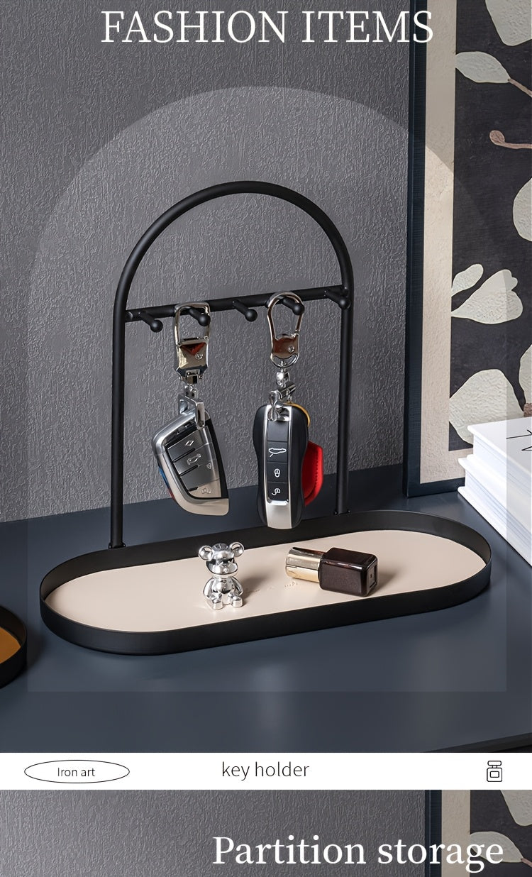 Modern Metal Key Holder & Organizer - Oval Entryway Tray with Multiple Hooks for Keys, Watches, Jewelry.