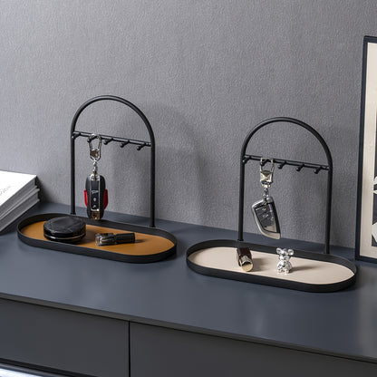Modern Metal Key Holder & Organizer - Oval Entryway Tray with Multiple Hooks for Keys, Watches, Jewelry.